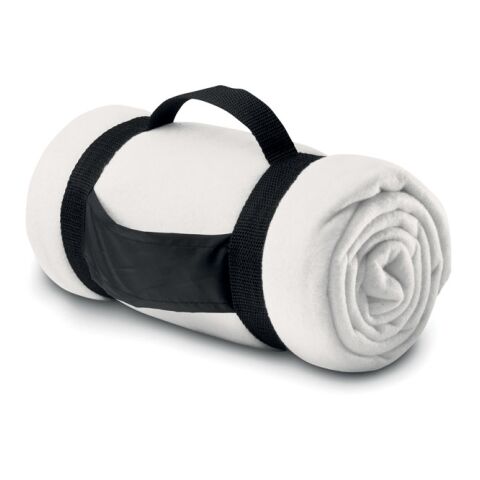 Werbeartikel Fleece-Decke mit Trageriemen aus Nylon – weiss – mit Logo bedruckt