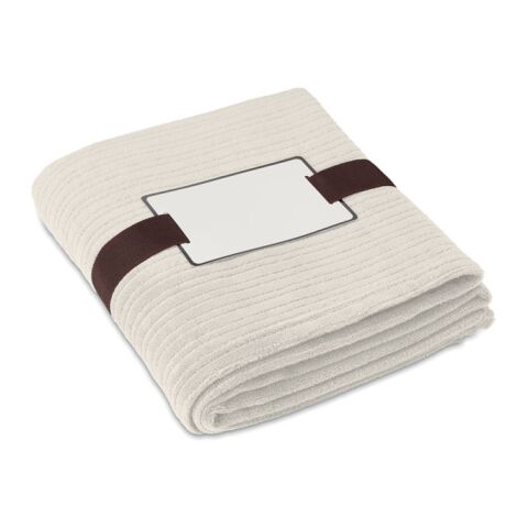 Werbeartikel Fleece-Decke mit bedruckbarer Karte – beige – mit Logo bedruckt