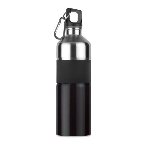 Werbeartikel 750ml Edelstahl-Trinkflasche zweifarbig mit Gummierung & Karabinerhaken bruchsicher Outdoor & Sport – schwarz – mit Logo bedruckt