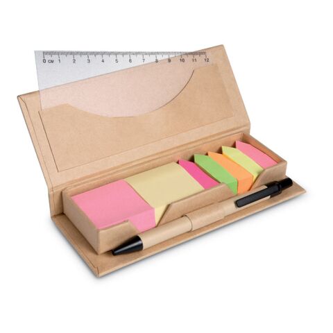 Notizzettelbox mit Kugelschreiber und Lineal