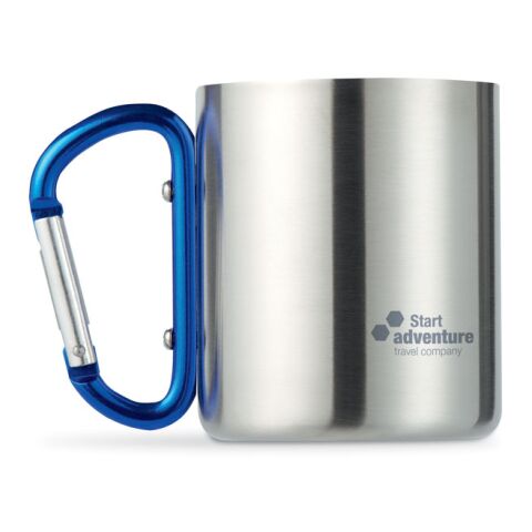 Werbeartikel 220 ml Edelstahl-Trinkbecher doppelwandig mit Karabinergriff ideal für Outdoor & Wandern – blau – mit Logo bedruckt
