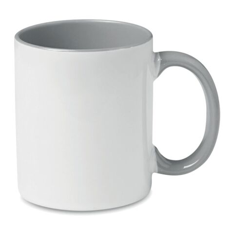 Werbeartikel 300 ml Keramikbecher mit Full-Colour-Sublimation, Kaffeetasse mit farbigem Griff & Innenseite – grau – mit Logo bedruckt
