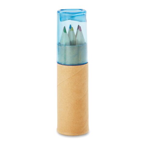 Werbeartikel 6-teiliges Buntstifte-Set mit Anspitzer – transparent blau – mit Logo bedruckt
