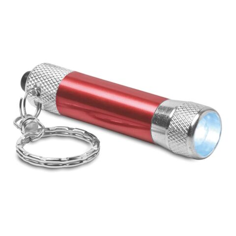 Werbeartikel Schlüsselring Mini-Leuchte aus Aluminium, helle 1-LED-Taschenlampe inkl. Batterien – rot – mit Logo bedruckt