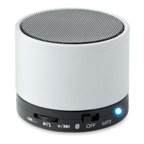 Werbeartikel Bluetooth Lautsprecher, rund – weiss – mit Logo bedruckt