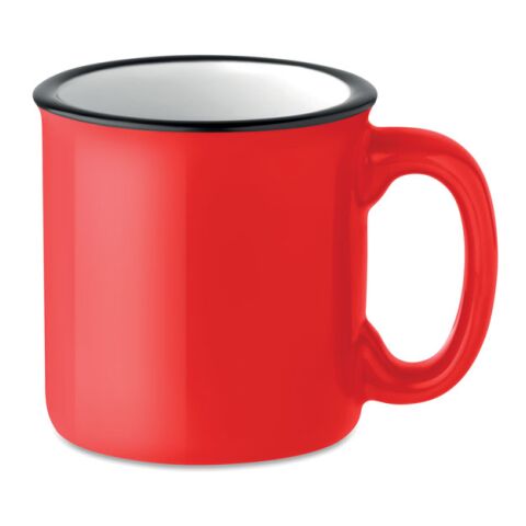 Werbeartikel Vintage 240 ml Kaffeebecher aus Keramik im Emaille-Look nostalgisches Design & robust – rot – mit Logo bedruckt