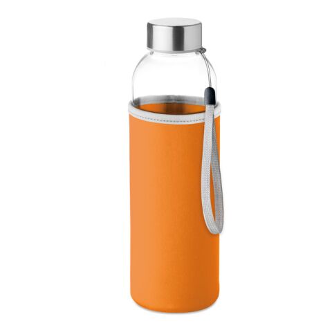 Werbeartikel 500 ml Glas-Trinkflasche mit nachhaltigem Bambusdeckel & Tragehenkel auslaufsicher & geschmacksneutral mit Neopren-Schutzhülle – orange –