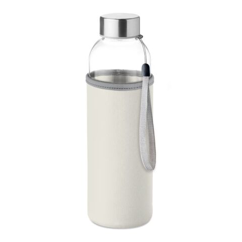 Werbeartikel 500 ml Glas-Trinkflasche mit nachhaltigem Bambusdeckel & Tragehenkel auslaufsicher & geschmacksneutral mit Neopren-Schutzhülle – beige –