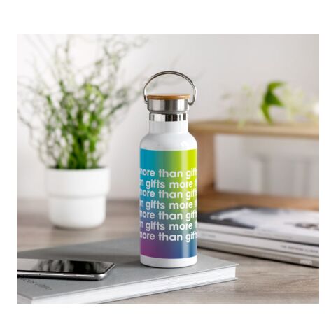 Werbeartikel Isolierflasche 500ml doppelwandig Edelstahl mit Bambusdeckel & Tragegriff auslaufsicher vakuumisoliert – weiss – mit Logo bedruckt