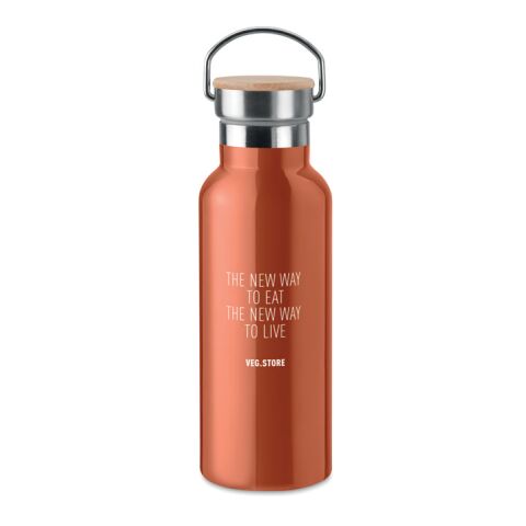 Werbeartikel Isolierflasche 500ml doppelwandig Edelstahl mit Bambusdeckel & Tragegriff auslaufsicher vakuumisoliert – orange – mit Logo bedruckt