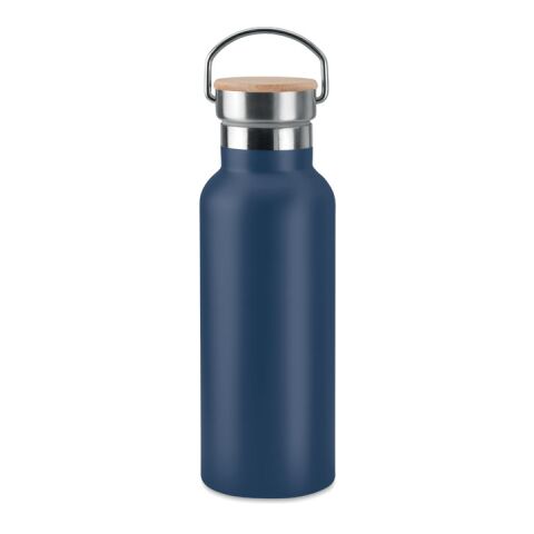 Werbeartikel Isolierflasche 500ml doppelwandig Edelstahl mit Bambusdeckel & Tragegriff auslaufsicher vakuumisoliert – marineblau – mit Logo bedruckt