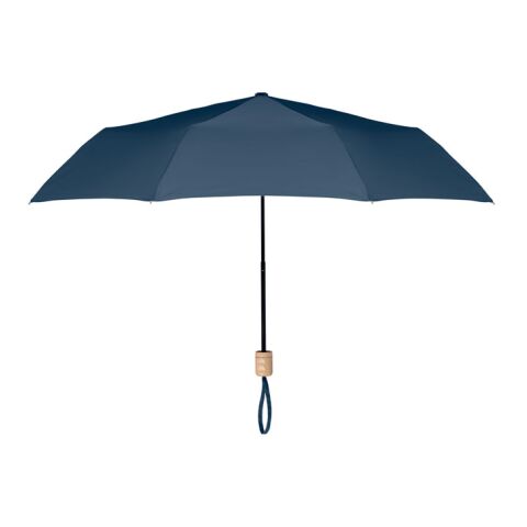 Werbeartikel Faltbarer Regenschirm mit Holzgriff – blau – mit Logo bedruckt