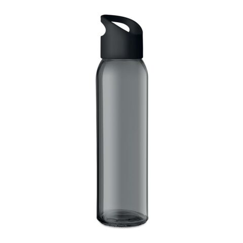 Werbeartikel 470 ml Trinkflasche aus Glas mit PP-Deckel & praktischer Aufhängung auslaufsicher – schwarz – mit Logo bedruckt