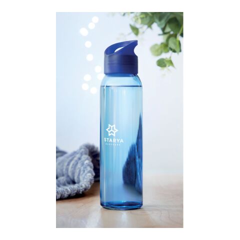 Werbeartikel 470 ml Trinkflasche aus Glas mit PP-Deckel & praktischer Aufhängung auslaufsicher – königsblau – mit Logo bedruckt