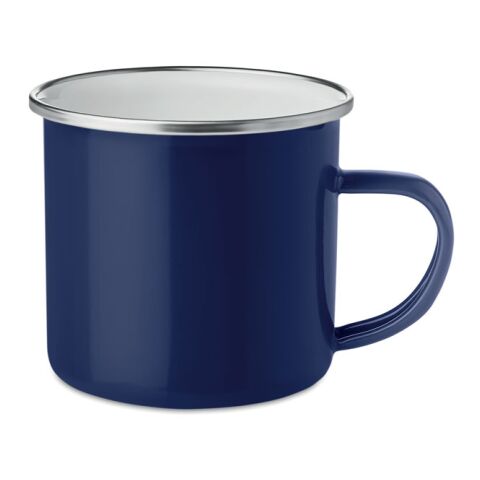 Werbeartikel 350 ml Emaille-Kaffeebecher im Vintage-Look, bruchfester Metall-Becher für Outdoor & Büro – blau – mit Logo bedruckt