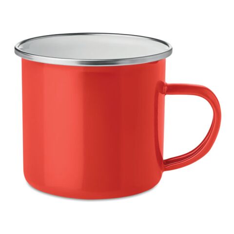 Werbeartikel 350 ml Emaille-Kaffeebecher im Vintage-Look, bruchfester Metall-Becher für Outdoor & Büro – rot – mit Logo bedruckt