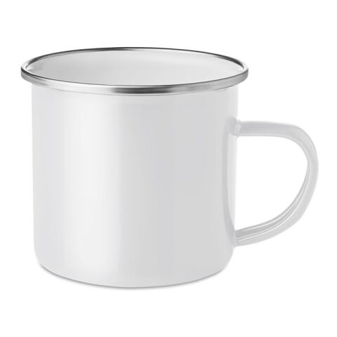 Werbeartikel 350 ml Emaille-Kaffeebecher im Vintage-Look, bruchfester Metall-Becher für Outdoor & Büro – weiss – mit Logo bedruckt