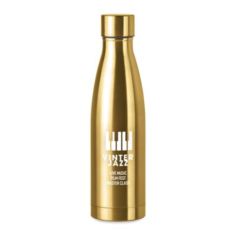Werbeartikel 500 ml Edelstahl Isolierflasche doppelwandig mit verkupferter Innenwand & Vakuum-Isolierung – matt golden – mit Logo bedruckt