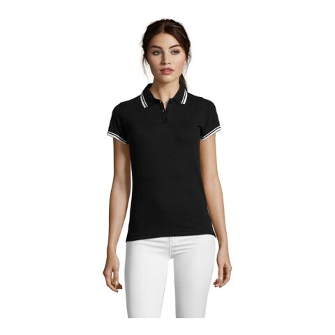 PASADENA Damen Polo 200g schwarz / weiß | L | 1-color Siebdruck | Vorderseite Brust | 100 mm x 100 mm | Nicht verfügbar