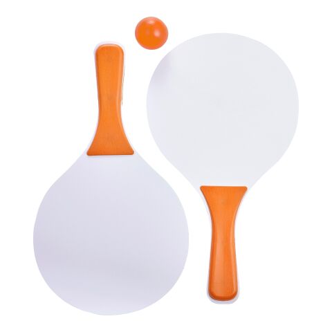 Werbeartikel Beachball Tennisspiel 'Costa Brava' aus Holz – Orange – mit Logo bedruckt