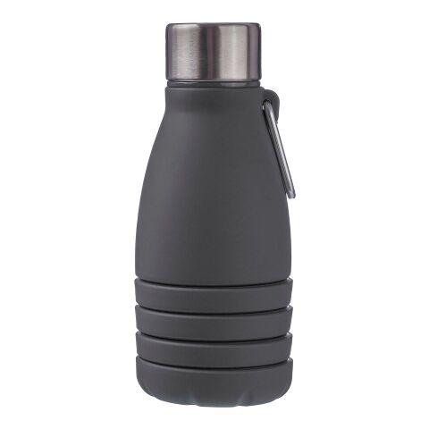 Werbeartikel Erin 550 ml faltbare Silikon-Trinkflasche mit Edelstahldeckel & Aluminium-Karabinerhaken platzsparend – Schwarz – mit Logo bedruckt