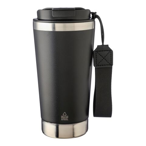 Werbeartikel Kayla 500 ml Thermobecher aus Recycling-Edelstahl doppelwandig mit Trageriemen – Schwarz – mit Logo bedruckt