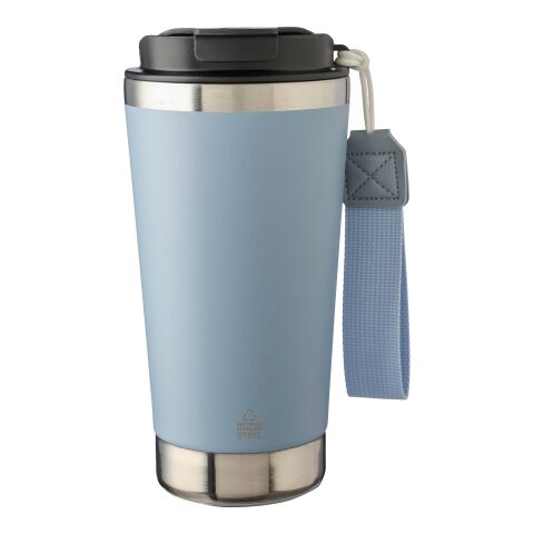 Werbeartikel Kayla 500 ml Thermobecher aus Recycling-Edelstahl doppelwandig mit Trageriemen – pastellblau – mit Logo bedruckt