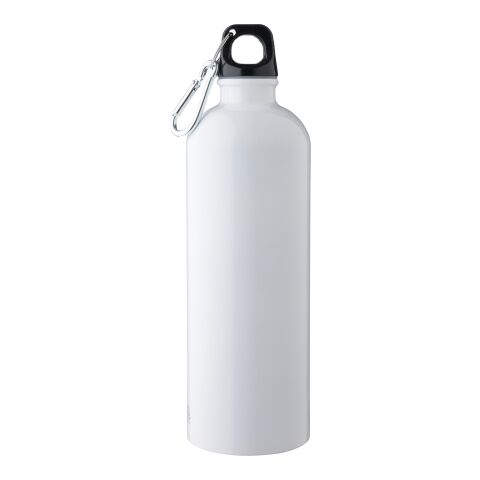 Nachhaltiger Werbeartikel Emeric 750 ml Trinkflasche aus recyceltem Edelstahl einwandig & leicht mit Aluminium-Karabiner – Weiss – mit Logo bedruckt