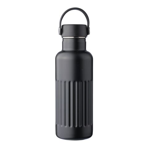Nachhaltiger Werbeartikel Edelstahl Thermoflasche 500 ml Lior recycelt doppelwandig geriffelter Griff BPA-frei Geschenkbox – Schwarz – mit Logo