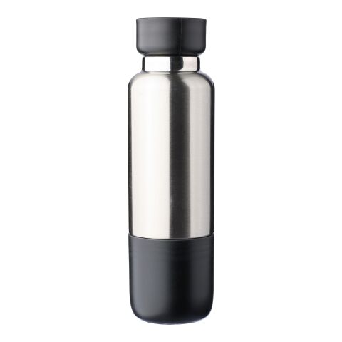 Werbeartikel Edelstahl Trinkflasche 500 ml Zev doppelwandig mit Becher Schraubdeckel Trageriemen BPA-frei Geschenkbox – Schwarz – mit Logo bedruckt