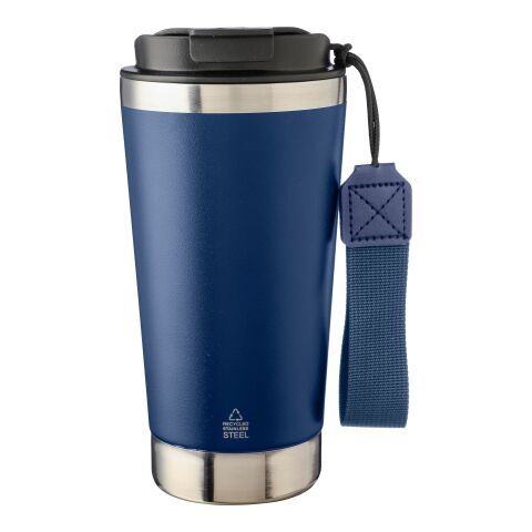 Werbeartikel Kayla 500 ml Thermobecher aus Recycling-Edelstahl doppelwandig mit Trageriemen – Blau – mit Logo bedruckt