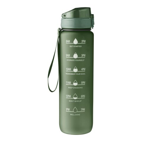 Werbeartikel RPET Trinkflasche Brinley 1000 ml matt Handgelenkband auslaufsicher – Grün – mit Logo bedruckt