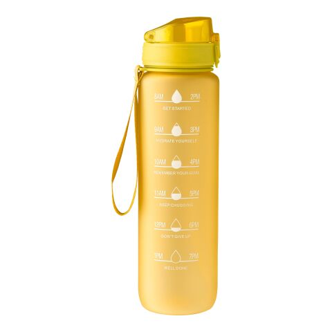 Werbeartikel RPET Trinkflasche Brinley 1000 ml matt Handgelenkband auslaufsicher – Gelb – mit Logo bedruckt