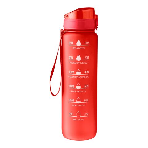 Werbeartikel RPET Trinkflasche Brinley 1000 ml matt Handgelenkband auslaufsicher – Rot – mit Logo bedruckt