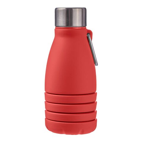 Werbeartikel Erin 550 ml faltbare Silikon-Trinkflasche mit Edelstahldeckel & Aluminium-Karabinerhaken platzsparend – Rot – mit Logo bedruckt