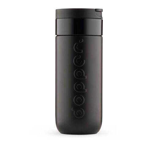 Werbeartikel Dopper 400 ml Thermobecher Reisebecher aus Recycling-Stahl hält 20h kalt & 6h heiss kohlensäuregeeignet – schwarz – mit Logo bedruckt