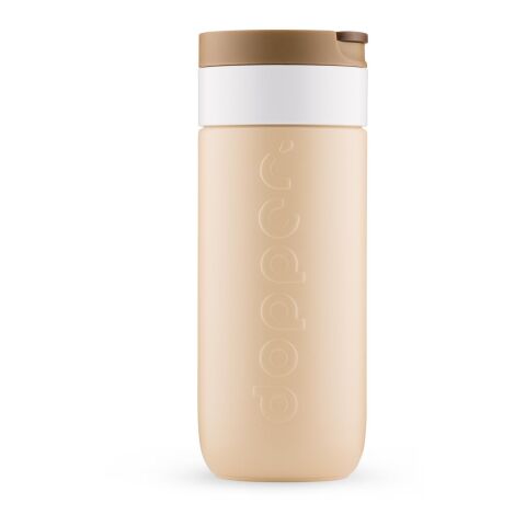 Werbeartikel Dopper 400 ml Thermobecher Reisebecher aus Recycling-Stahl hält 20h kalt & 6h heiss kohlensäuregeeignet – Erdiges Braun – mit Logo