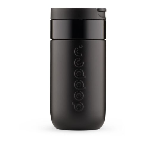 Werbeartikel Dopper 300 ml Reisebecher aus 90% Recycling-Stahl hält 6h heiss & 20h kalt nachhaltig & auslaufsicher – schwarz – mit Logo bedruckt