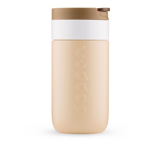 Werbeartikel Dopper 300 ml Reisebecher aus 90% Recycling-Stahl hält 6h heiss & 20h kalt nachhaltig & auslaufsicher – Erdiges Braun – mit Logo bedruckt