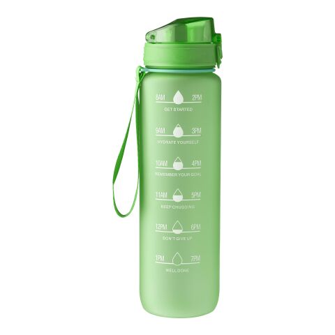 Werbeartikel RPET Trinkflasche Brinley 1000 ml matt Handgelenkband auslaufsicher – Hellgrün – mit Logo bedruckt