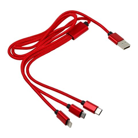 Werbeartikel 3-in-1 Ladekabel 'Belfast' aus Aluminium und Nylon – Rot – mit Logo bedruckt