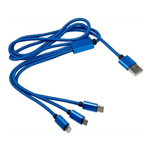 Werbeartikel 3-in-1 Ladekabel 'Belfast' aus Aluminium und Nylon – Kobaltblau – mit Logo bedruckt