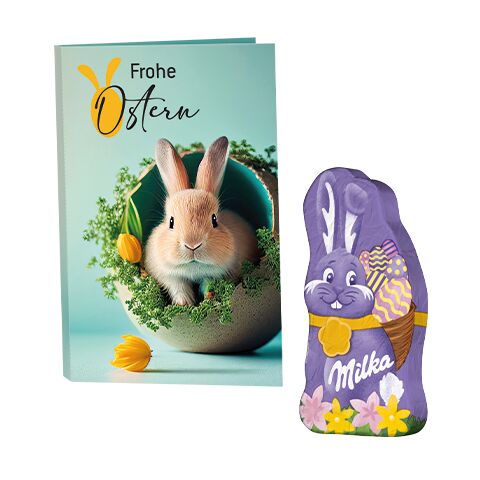 Werbekarte Visitenkartenformat mit Osterhase ohne Werbeanbringung | Milka Mini Hase