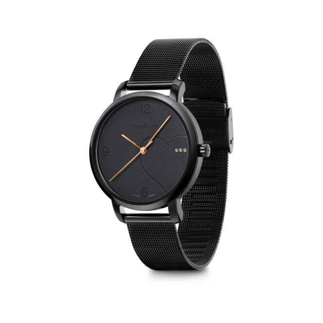 Kundengeschenk Armbanduhr Wenger Metropolitan Donnissima – schwarz – mit edler Lasergravur Swiss Made Quarzwerk eleganter Zeitmesser