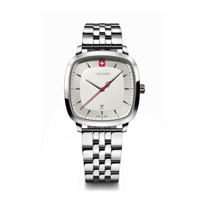 Kundengeschenk Armbanduhr Wenger Vintage Classic – weiss – mit edler Lasergravur, Schweizer Quarzwerk, eleganter Zeitmesser