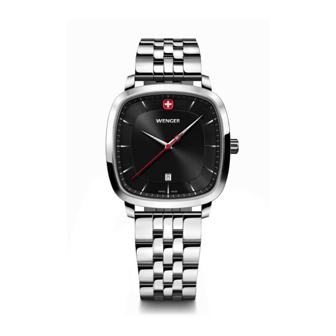 Kundengeschenk Armbanduhr Wenger Vintage Classic – schwarz – mit edler Lasergravur Swiss Made Quarzwerk als edles Präsent