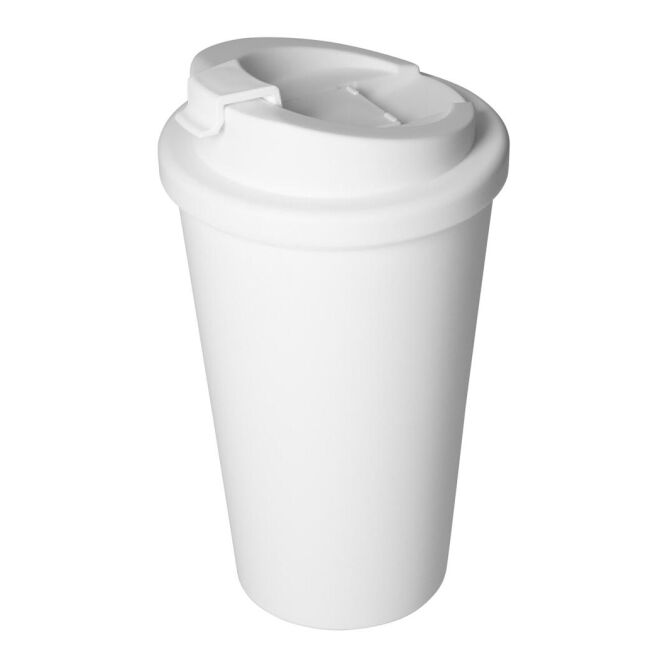 Kundengeschenk Thermobecher Premium Deluxe – weiss – mit Logodruck 350 ml doppelwandig für das Büro