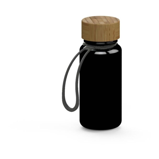 Kundengeschenk Trinkflasche Natural – schwarz – mit Logodruck 400ml nachhaltig Tritan auslaufsicher Bambusdeckel für das Mitarbeiter-Onboarding