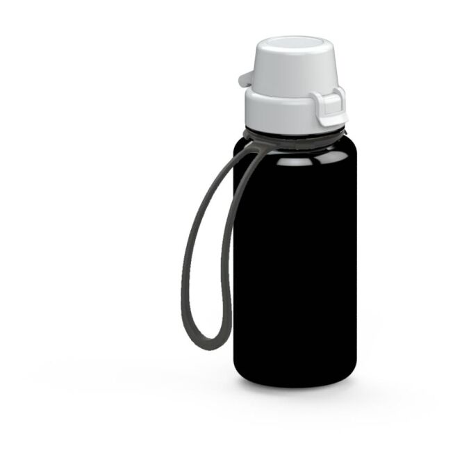 Werbeartikel Tritan Trinkflasche School – schwarz – mit Logo bedruckt 400 ml BPA-frei mit Trageschlaufe für Sportevents & Turniere