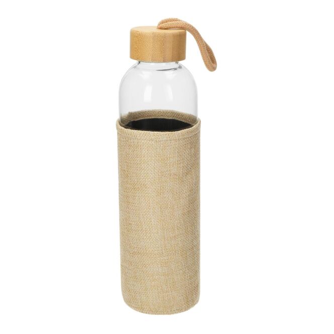 Firmengeschenk Glasflasche Natural – weiss – mit Logodruck 0,7l nachhaltig aus Sodalime-Glas mit Bambusdeckel für Firmen